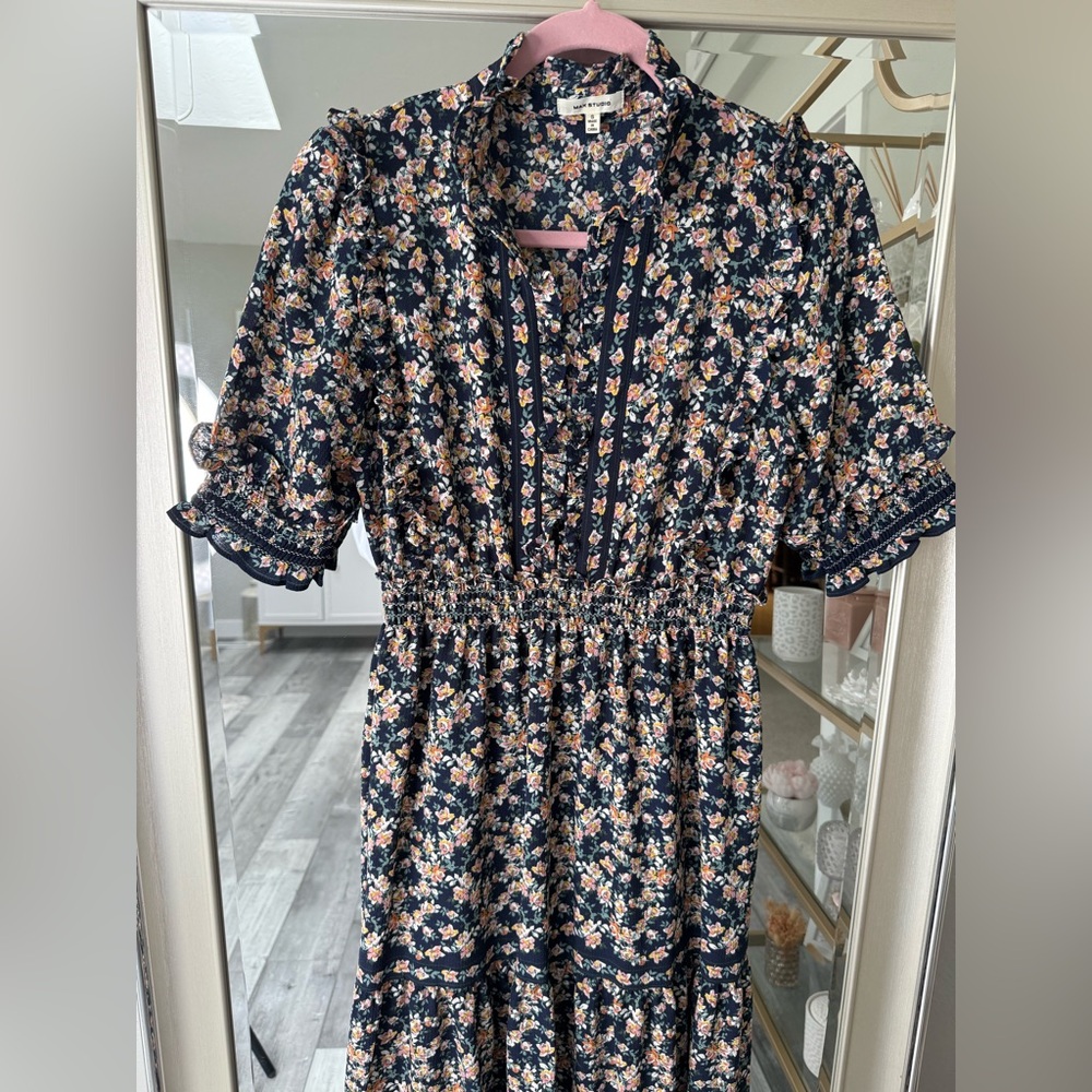 Max Studio Navy Floral Ruffle Maxi Dress | Size Small | Boho Cottagecore - Picture 6 of 8